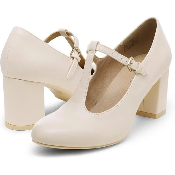 Low Chunky Heels for Women T-Strap Pumps Closed Toe Wedding Dress Shoes - Picture 3 of 5